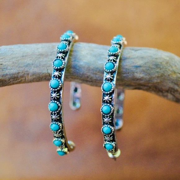 Jewelry - Antique Silver Turquoise Hoop Earrings